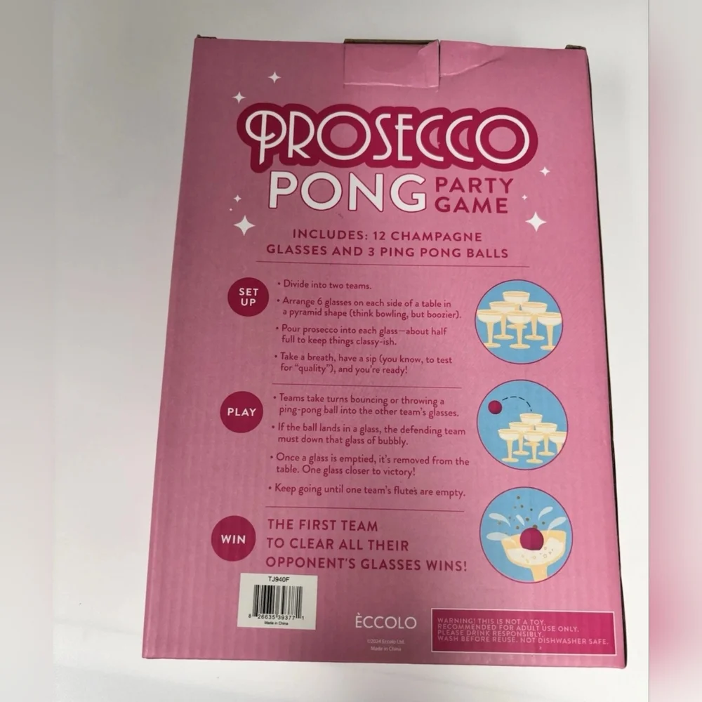 Prosecco Pong Party Game Set - Includes 12 Champagne Glasses & 3 Ping Pong Balls